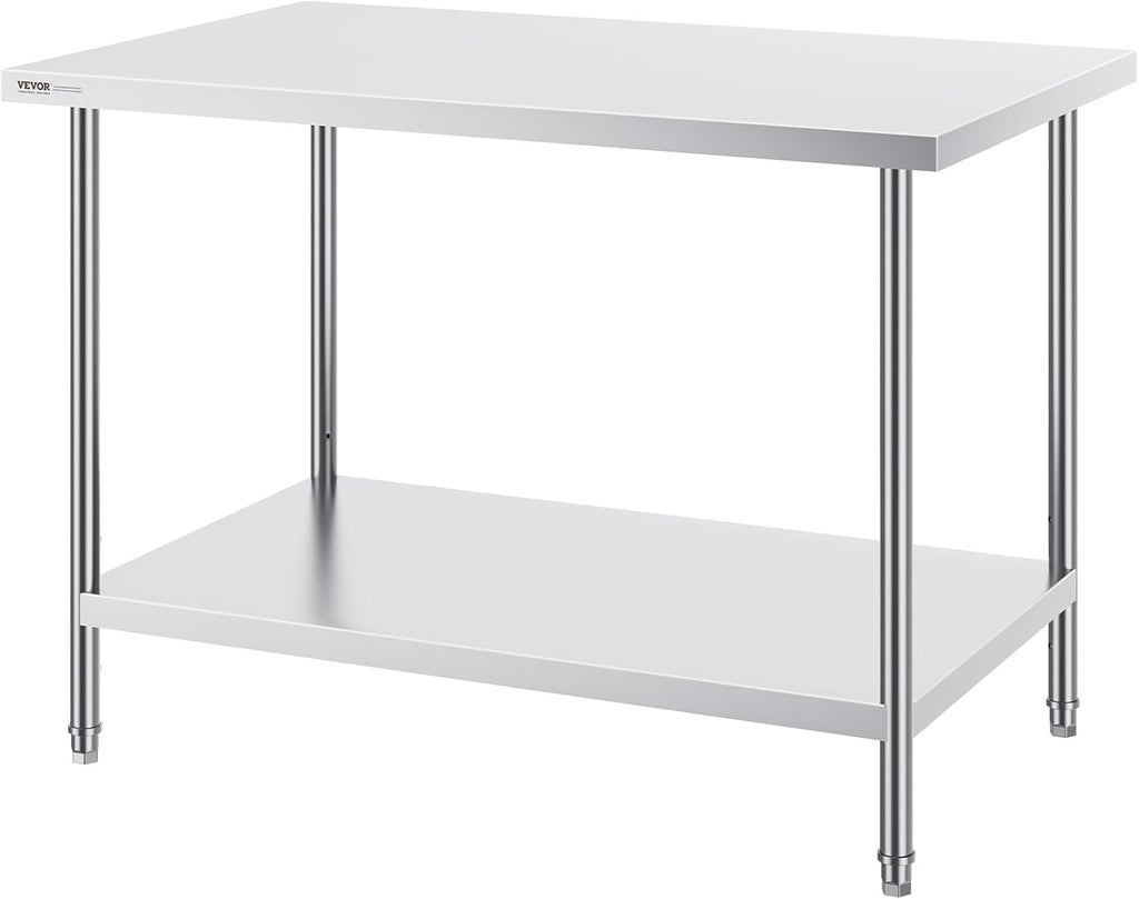 VEVOR Stainless Steel Prep Table, 30 x 48 x 34 Inch, 880 lbs Load Capacity, Heavy Duty Metal Worktable with 3 Adjustable Height Levels, Commercial Workstation for Kitchen Garage Restaurant Backyard