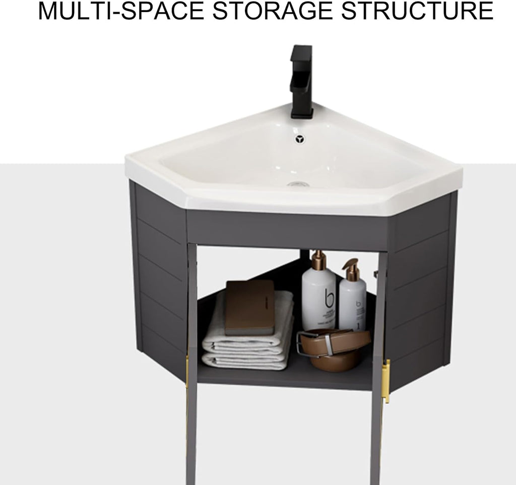 Bathroom Vanity Cabinet,Small Wall Mount Corner Sink,Bathroom Vanity w/Rock Board Top,Bathroom Ceramic Triangle Wall Mounted Mini Vanity Space Sink with Soft-Close System and Black Faucet(Black)