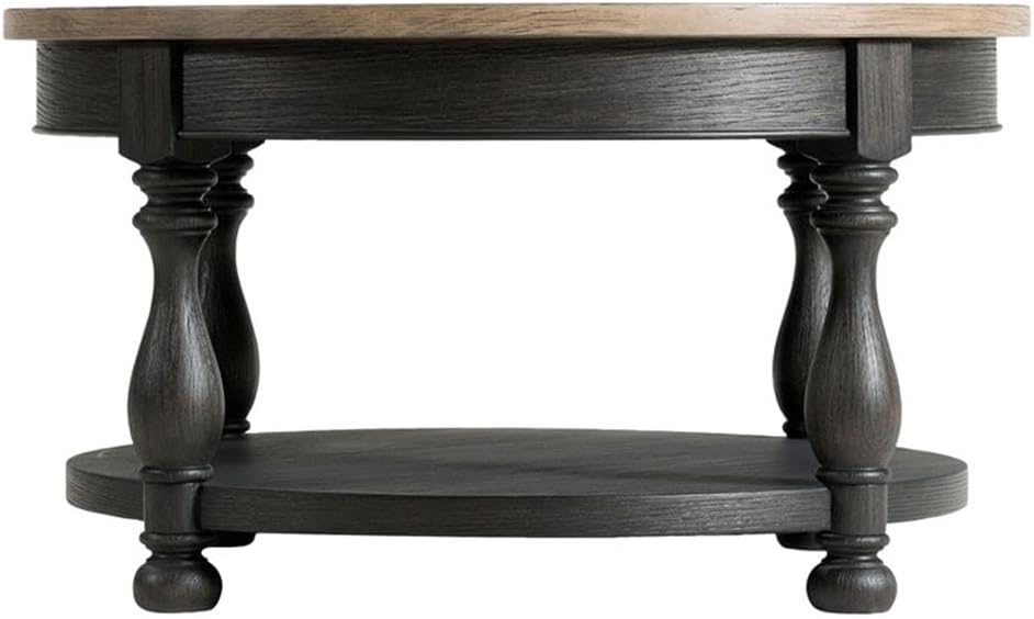 Pemberly Row Wood Coffee Table, 32' W x 32' D x 18' H, Poplar Solid and Ash Veneer, Antique Oak and Matte Black Finish, Fixed Bottom Shelf, Hand-Chiseled V-Grooves, Living Room Furniture