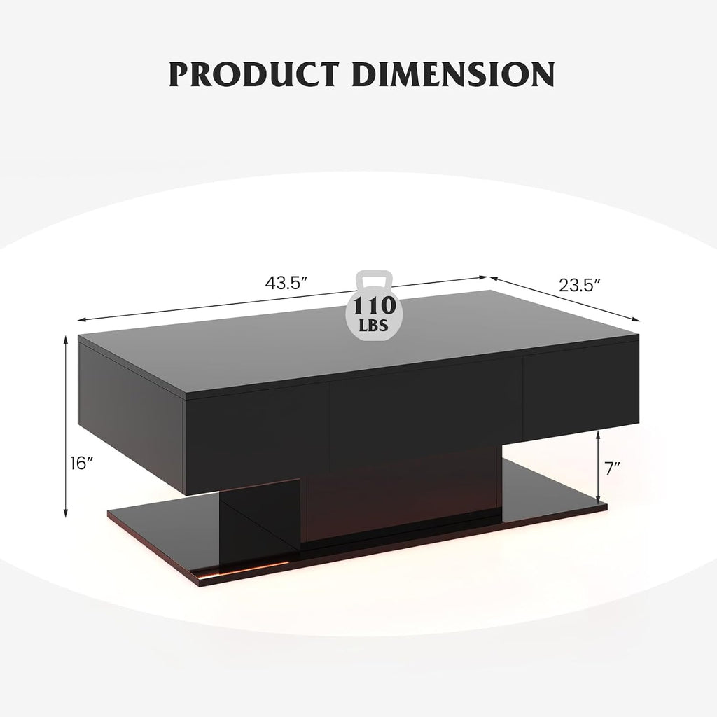 Tangkula LED Coffee Table with 2 Drawers, High Glossy Modern Center Table, 20-Color Dimmable LED Lights & Remote Control, 2-Tier Rectangle Coffee Table for Living Room (with Drawer, Black)