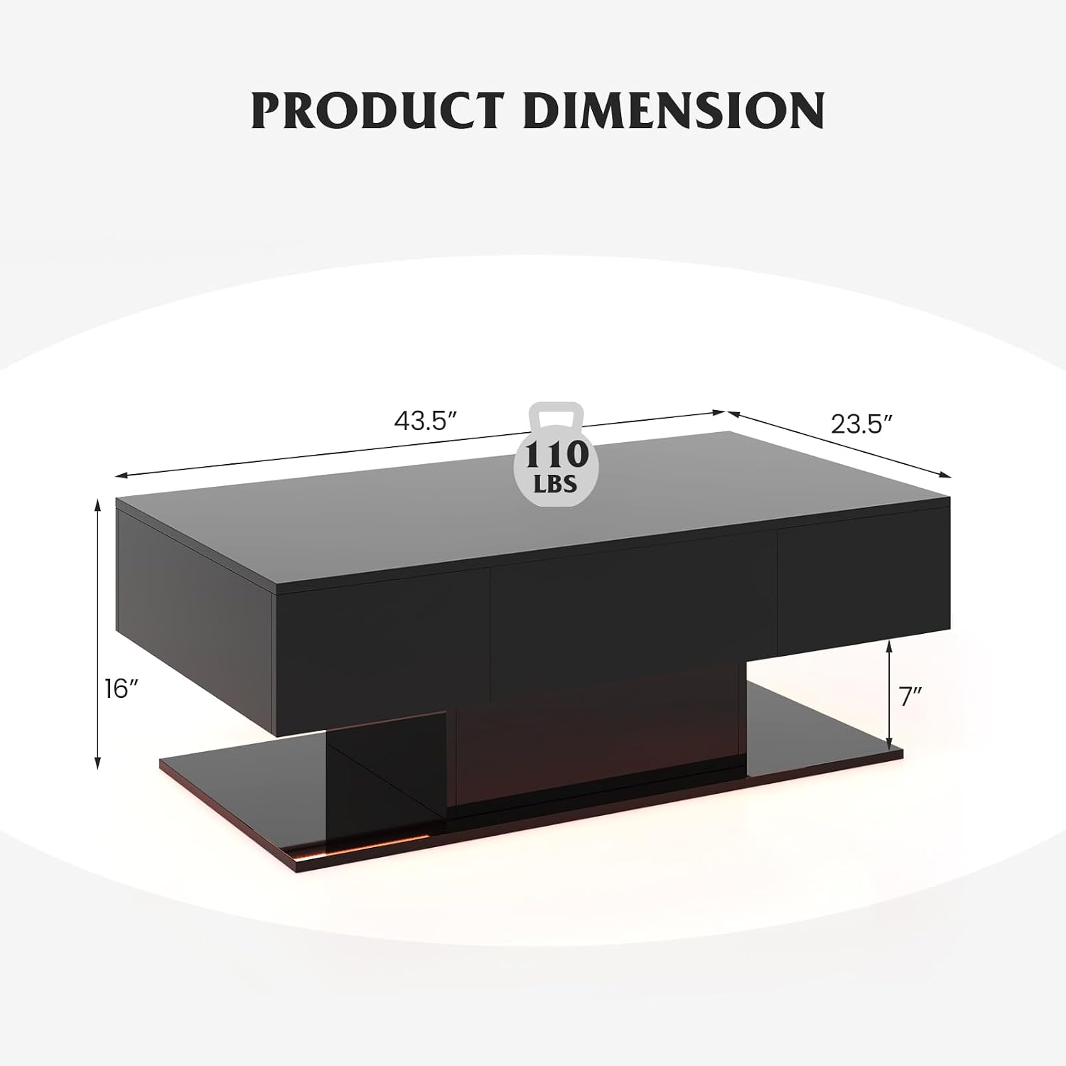 Tangkula LED Coffee Table with 2 Drawers, High Glossy Modern Center Table, 20-Color Dimmable LED Lights & Remote Control, 2-Tier Rectangle Coffee Table for Living Room (with Drawer, Black)