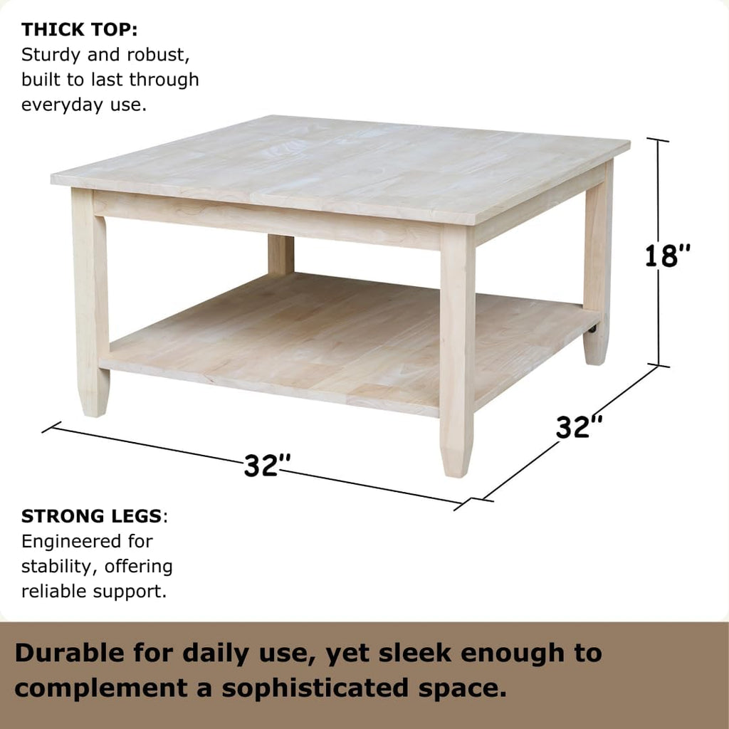 IC International Concepts, Solano Square Coffee Table, Solid Real Wood, Sturdy Parawood, Living Room/Family Room/Entryway, 32'W x 32'D x 18'H with Shelf, Paint/Stain Ready, Unfinished