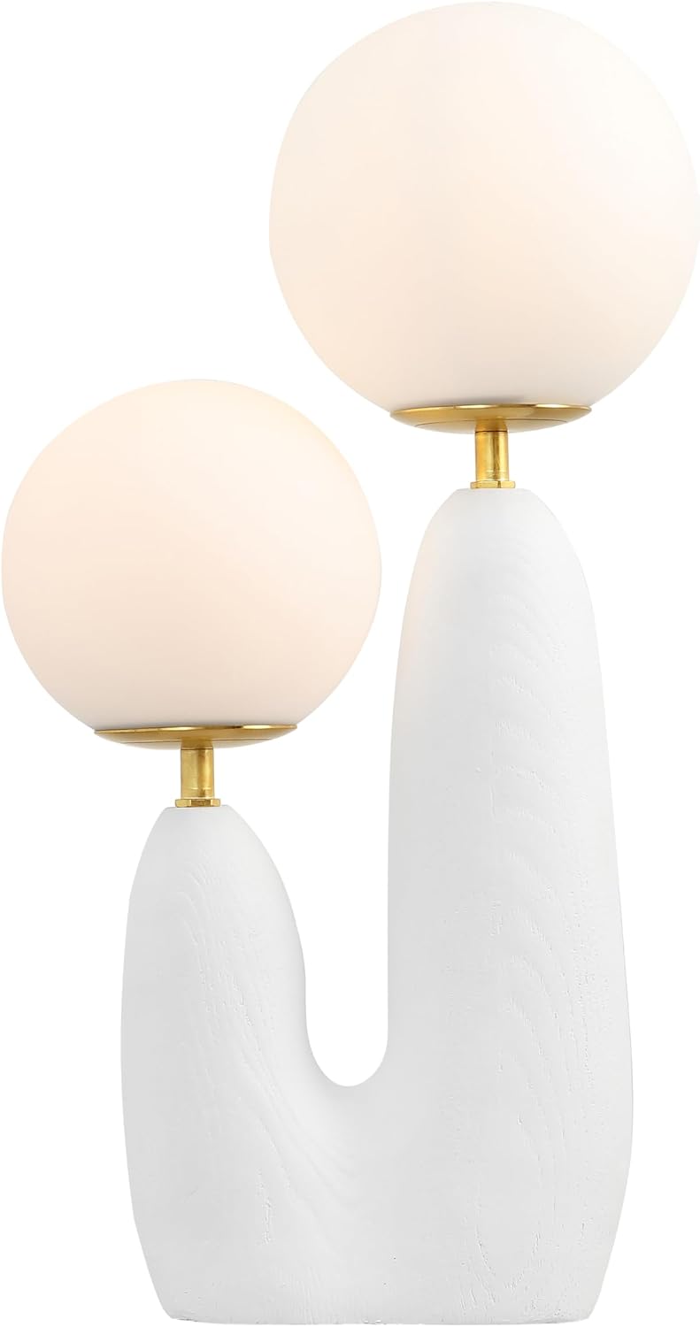 JONATHAN Y 17.75' White/Brass Gold Modern Bohemian Danish Cactus LED Table Lamp, 2-Light Mid-Century Minimalist Desk Light for Bedroom Living Room, Frosted Glass Globe Shades (JYL4065B)