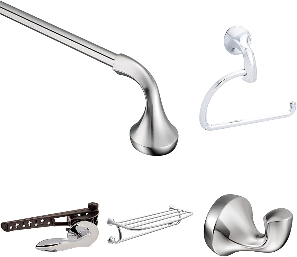 Bundle of Moen Eva Chrome 18' Towel Bar, YB2818CH, Toilet Tank Lever, YB2801CH, Single Robe Hook, YB2803CH, Pivoting Toilet Paper Holder, YB2808CH, and 24 Wide Towel Shelf with-Towel Bar, YB2894CH