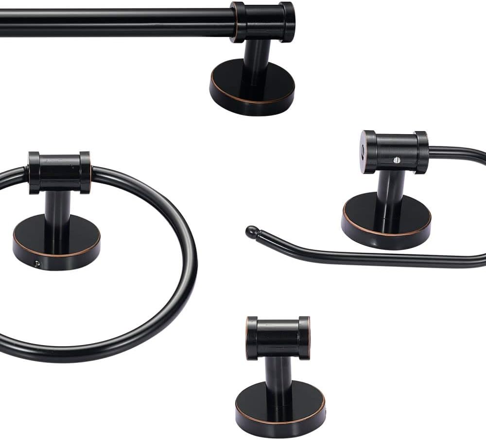 Globe Electric 51523 5-Piece All-in-One Bathroom Set, Oil Rubbed Bronze, 3-Light Vanity Light & Bulbs, Glass Shades, Towel Bar, Toilet Paper Holder, Towel Ring, Robe Hook, Bathroom Lights Over Mirror
