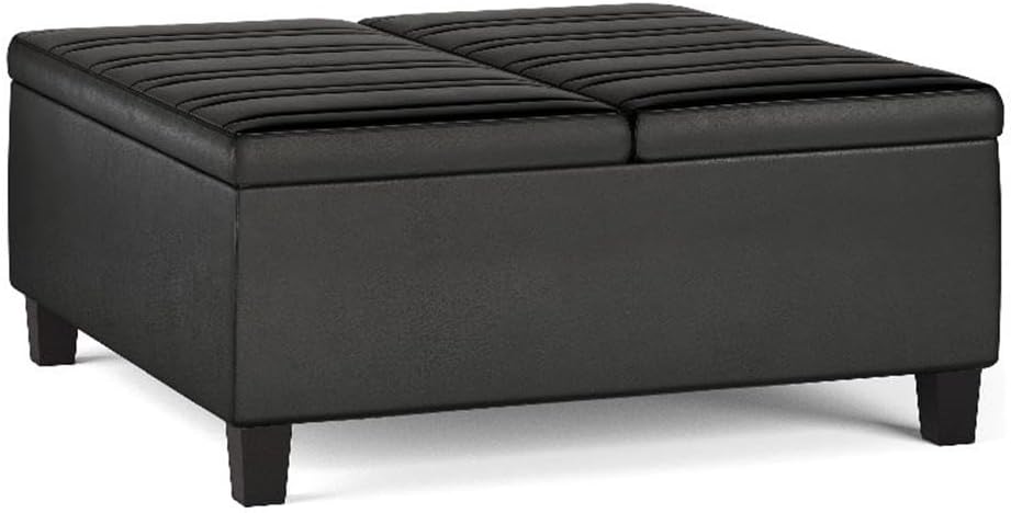 SIMPLIHOME Ellis 36 inch Wide Contemporary Square Coffee Table Storage Ottoman in Distressed Black Vegan Faux Leather, Assembled, for the Living Room and Bedroom