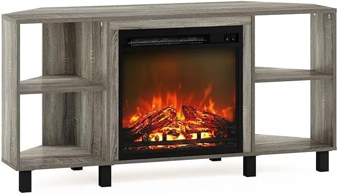 HomeStock Electric Fireplace TV Stand - Corner Entertainment Center for TVs up to 55 Inch French Oak Grey/Corner with Legs