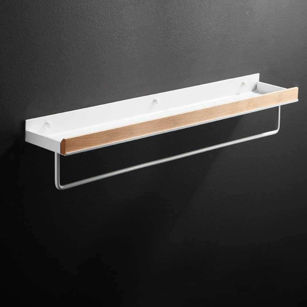 Shower Caddy Solid Wood Shower Caddy Shelf Organizer Towel Bar, Bathroom Wall Mounted Cosmetic Storage Rack Bathroom Organizer，White 50cm with Rod