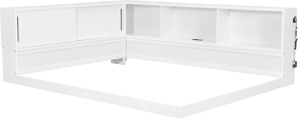 SOFTSEA Queen Size Daybed with Shelves, L-Shape Corner Bed Frame with LED and Storage, Wood Floor Daybed with LED for Kids, Teens & Adults, White