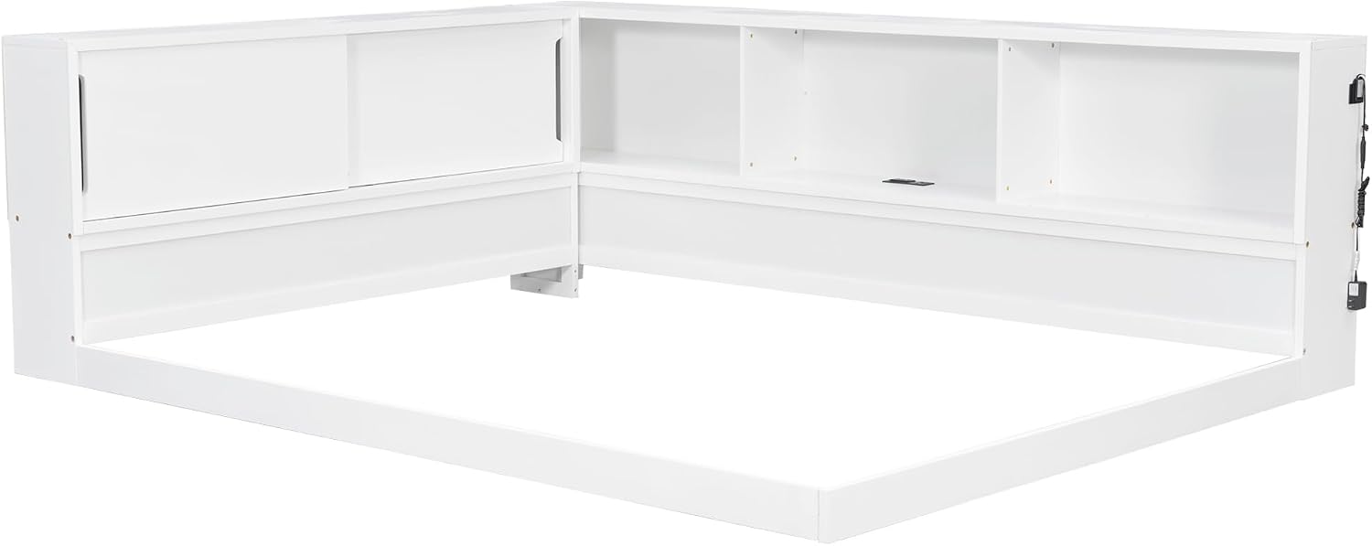 SOFTSEA Queen Size Daybed with Shelves, L-Shape Corner Bed Frame with LED and Storage, Wood Floor Daybed with LED for Kids, Teens & Adults, White