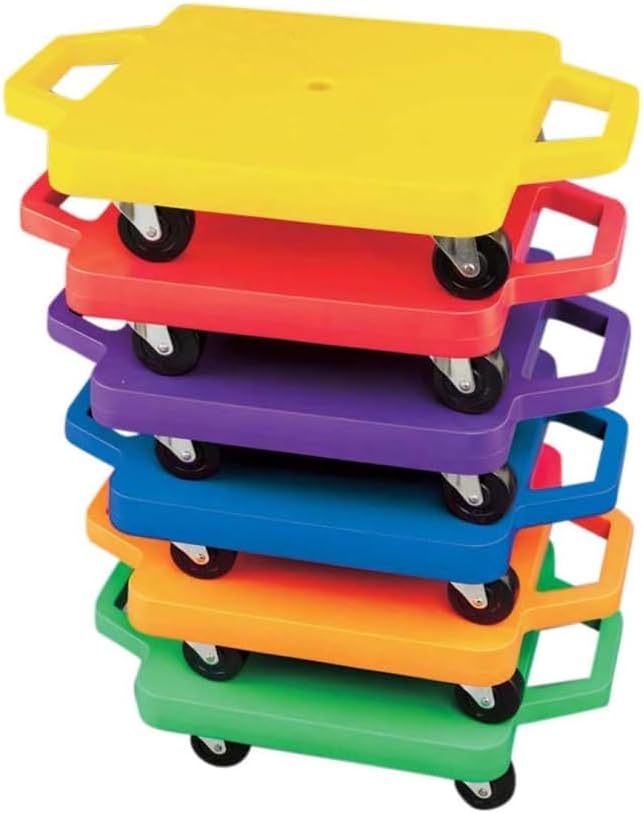 S&S Worldwide 16' Scooter Board with Handles - Set of 6 Multicolor Gym Scooters with Durable HDPE Plastic Base, Non-Marring 2' Casters, Hand Guards, 200 lb Capacity for PE Class, Indoor & Outdoor Play
