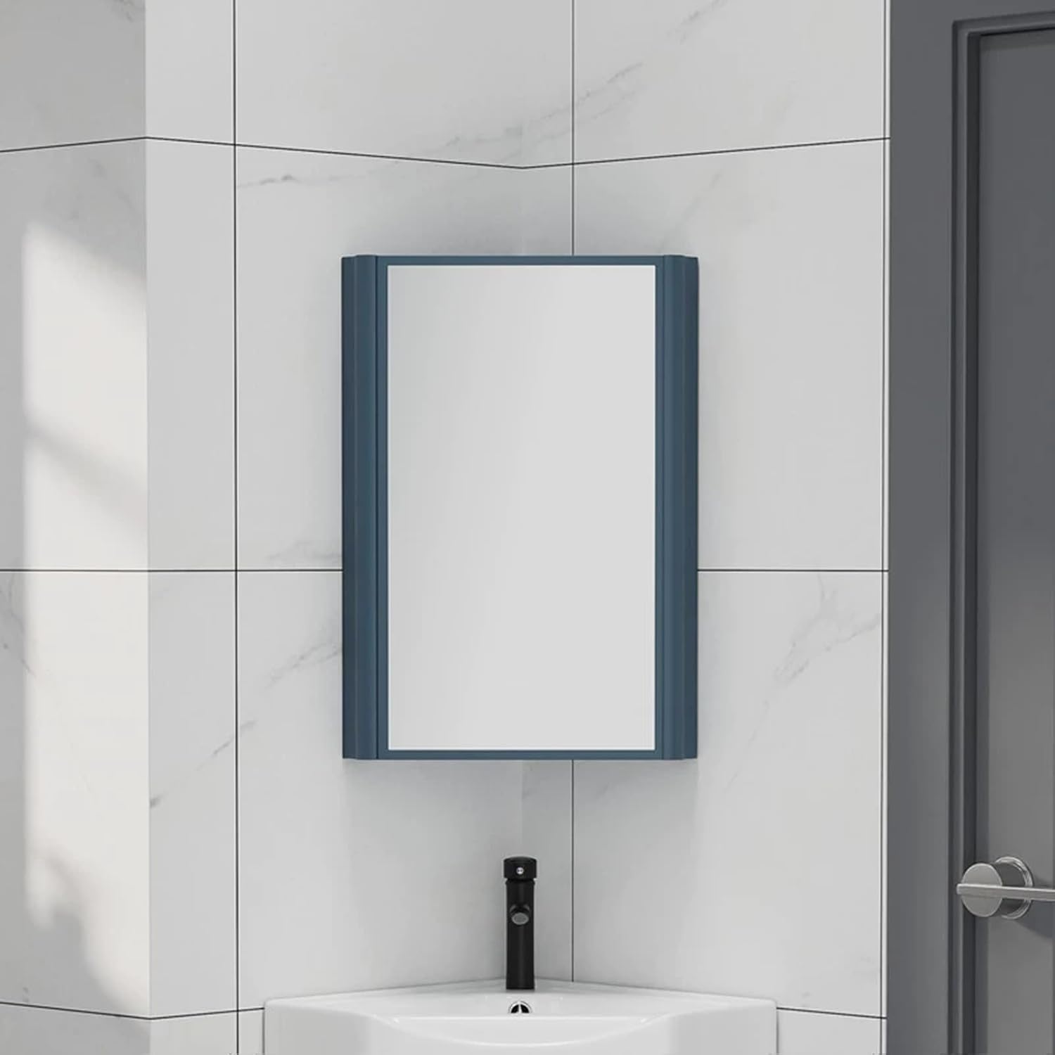 Bathroom Mirror Cabinet, Corner Vanity Mirror for Small Space, Wall Mounted Bathroom Storage Cabinet with Mirror, Aluminum Alloy Construction IP54 Waterproof (Color : Blue)