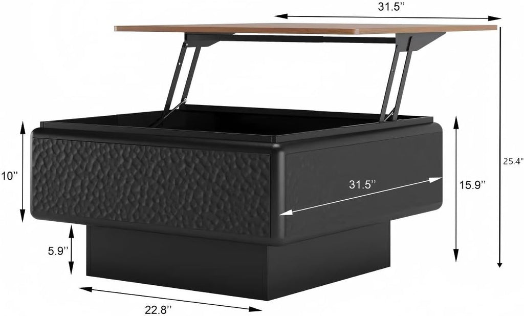SSLine Lift-Top Coffee Table with Storage, 31.5' Square Coffee Table for Living Room Bedroom, Modern Rustic Lift Brown Wooden Top Center Tables with Hammered Texture Black Frame