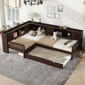 CITYLIGHT Classic L-Shaped Daybed with Trundle, Twin Size Corner Bed with Drawer & Shelves, Wooden Twin Bed Frame with Storage Headboard for 3 (Espresso)