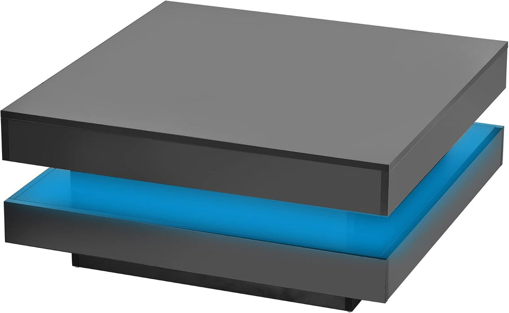 Merax Modern Minimalist Design High Gloss 31.5 x 31.5 inch 2-Tier Square Coffee Table with Plug-in 16-Color LED Lights for Living Room, Black