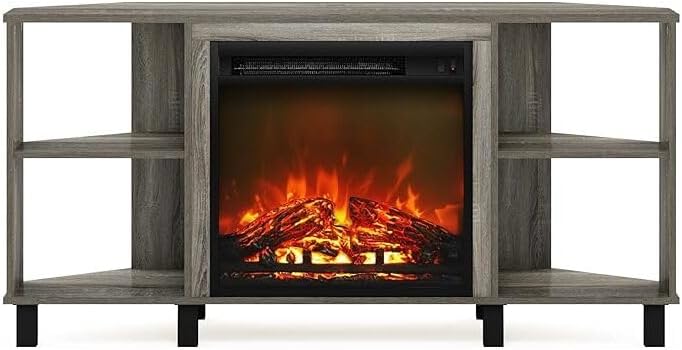 HomeStock Electric Fireplace TV Stand - Corner Entertainment Center for TVs up to 55 Inch French Oak Grey/Corner with Legs