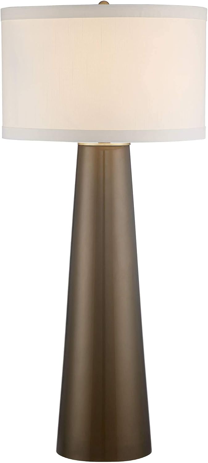 Possini Euro Design Karen Modern Table Lamp 36' Tall Dark Gold Tapered Glass Column Off White Fabric Drum Shade Decor for Living Room Bedroom House Bedside Nightstand Home Office Entryway Family