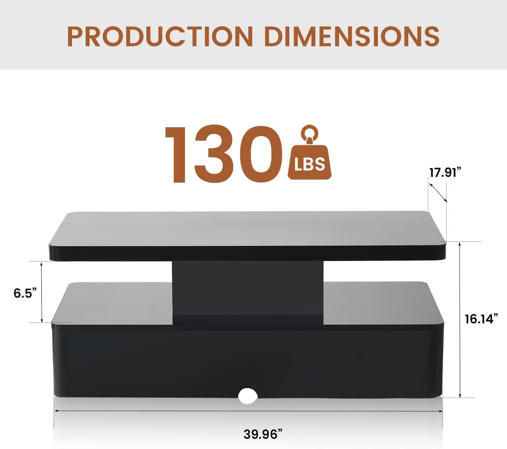 40' Modern Living Room Tables, LED Coffee Table with LED Lights, 2 Tier Rectangular Center Table with Large Storage, High Glossy Surface, Tea Table for Living Room, Black