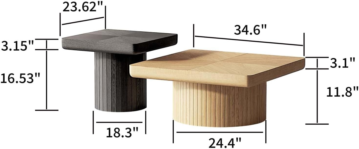 Modern Square Nesting Coffee Table Set, 2-Piece Coffee Tables with Cylindrical & Fluted Pedestal, Minimalist Center Table & Side Table for Wabi-Sabi Decor for Living Room Apartment, Natural+Black