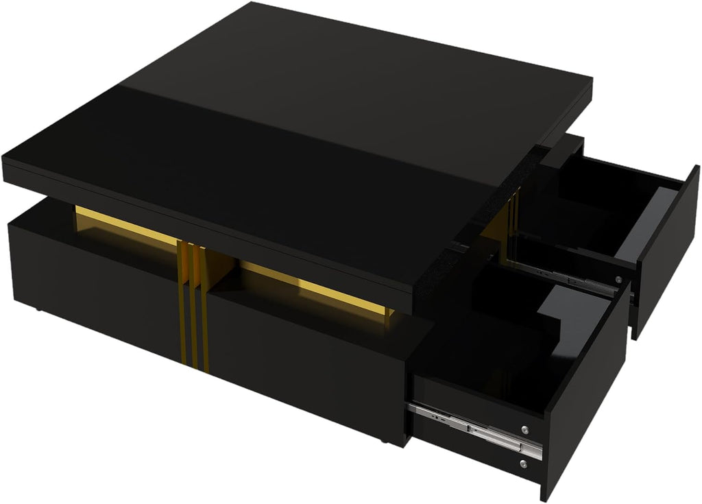 Merax 43.3' Modern Glossy Square Storage Coffee Table with 4 Drawers, Gold Accents, Functional Center Tables for Living Room Apartment, Glossy Black
