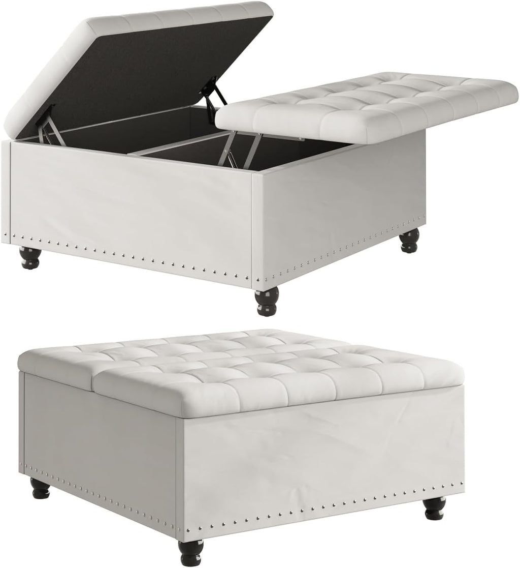 FUXA 35 Inch Large Square Ottoman with Storage, Oversized Ottoman Coffee Table with Lift Top and Wood Legs, Tufted Upholstered Storage Ottoman Bench for Living Room (Beige)
