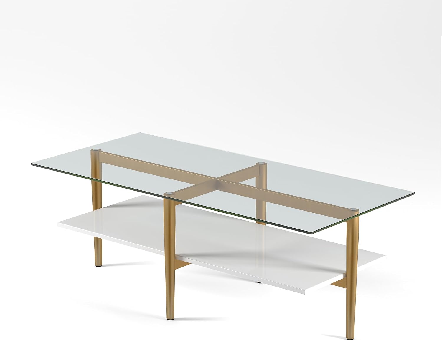Henn&Hart 47' Wide Rectangular Coffee Table with MDF Shelf in Brass and White Lacquer, for Home, Living Room, Bedroom, Entertainment Room, Office