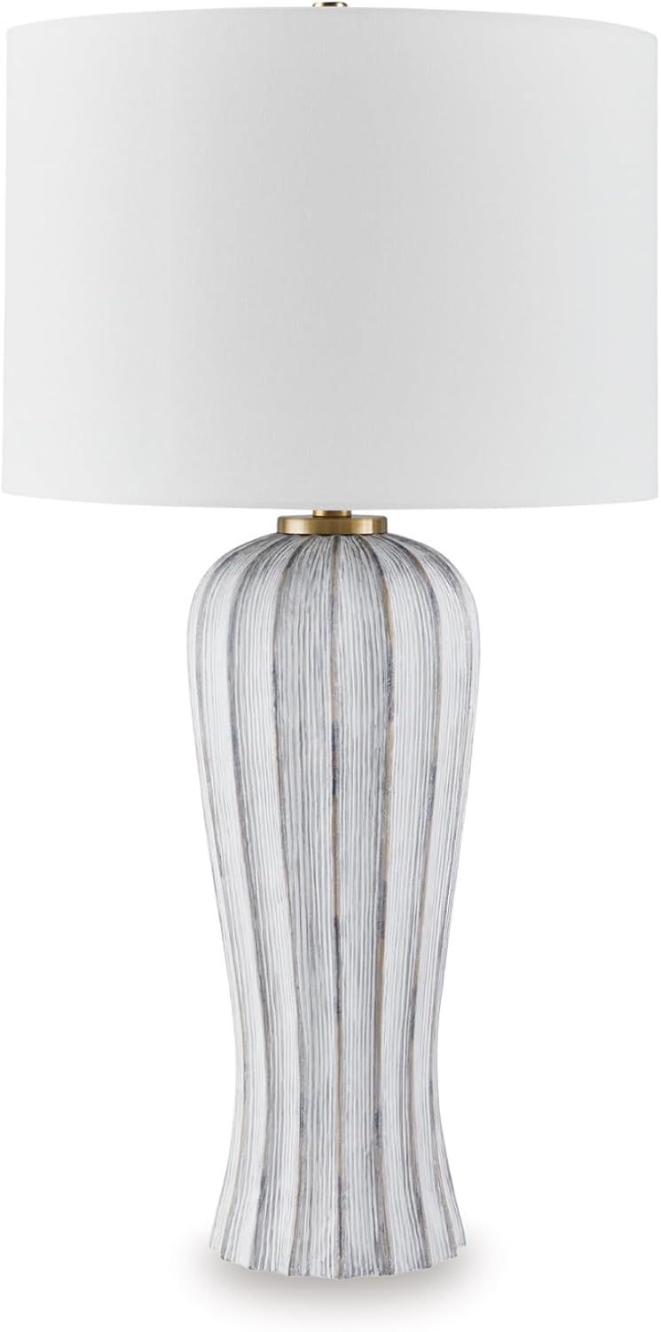 Signature Design by Ashley Lanwell Modern Table Lamp with 3-Way Switch, Polyresin and Drum Hardback Fabric Shade, 17.5' W x 17.5' D x 32' H, Light Gray