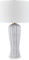 Signature Design by Ashley Lanwell Modern Table Lamp with 3-Way Switch, Polyresin and Drum Hardback Fabric Shade, 17.5' W x 17.5' D x 32' H, Light Gray