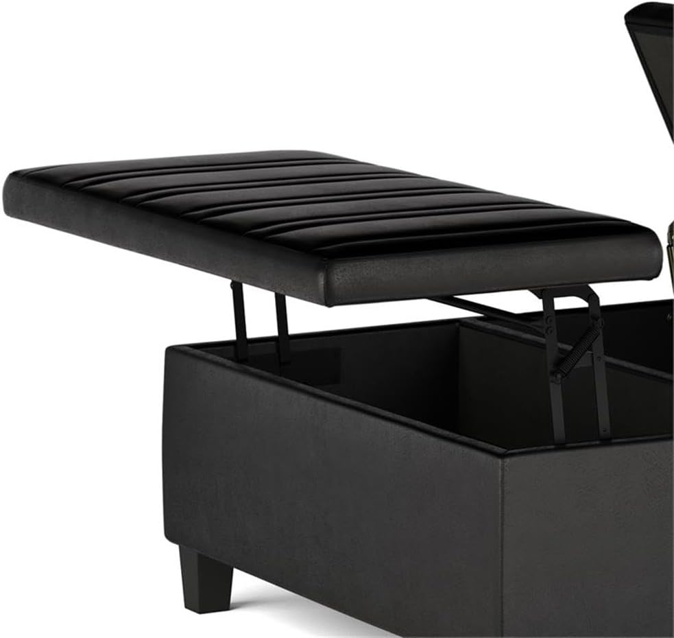 SIMPLIHOME Ellis 36 inch Wide Contemporary Square Coffee Table Storage Ottoman in Distressed Black Vegan Faux Leather, Assembled, for the Living Room and Bedroom