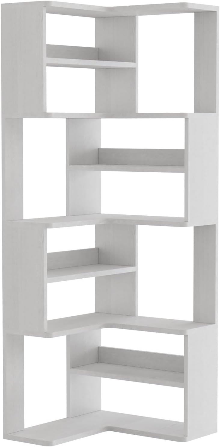 Lkeiyay 9-Tier White Corner Bookcase, 65' Tall Space-Saving Modern Corner Bookshelf for Living Room/Bedroom, Sturdy Open Storage Unit with Multiple Shelves, Perfect for Home Office & Small Spaces