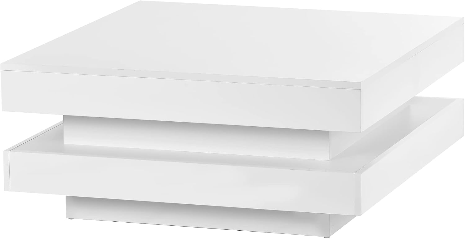 Harper & Bright Designs Coffee Table High Gloss Center Table with 16-Color LED Lights, 2-Tier Square Coffee Table, Cocktail End Table for Living Room (White)