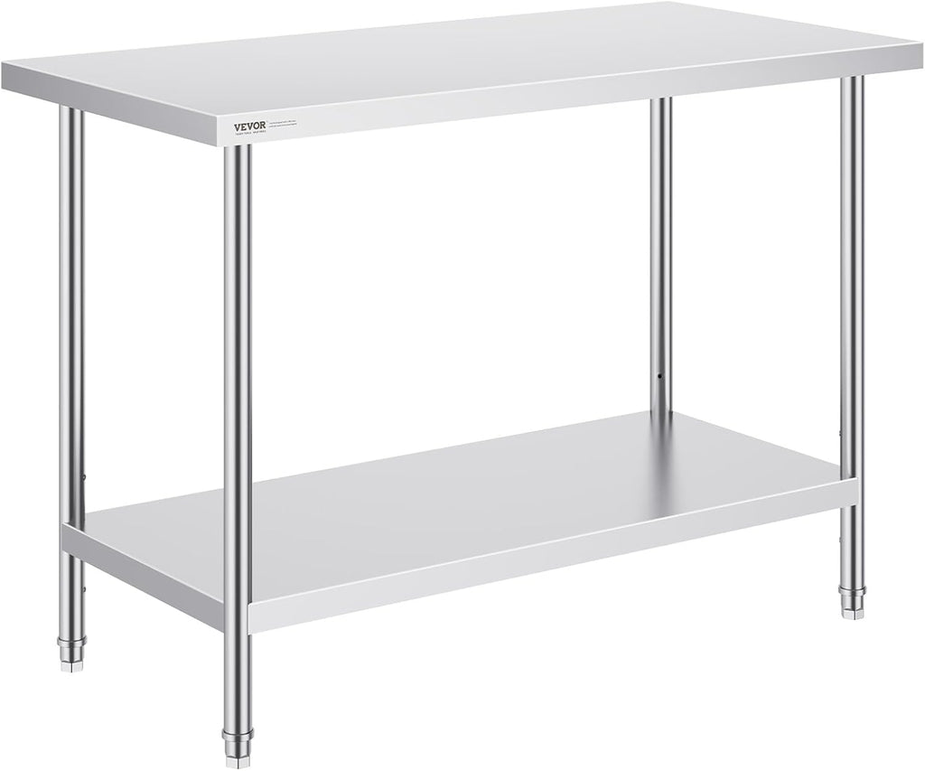 VEVOR Stainless Steel Prep Table, 24 x 48 x 34 Inch, 800 lbs Load Capacity, Heavy Duty Metal Worktable with 3 Adjustable Height Levels, Commercial Workstation for Kitchen Garage Restaurant Backyard