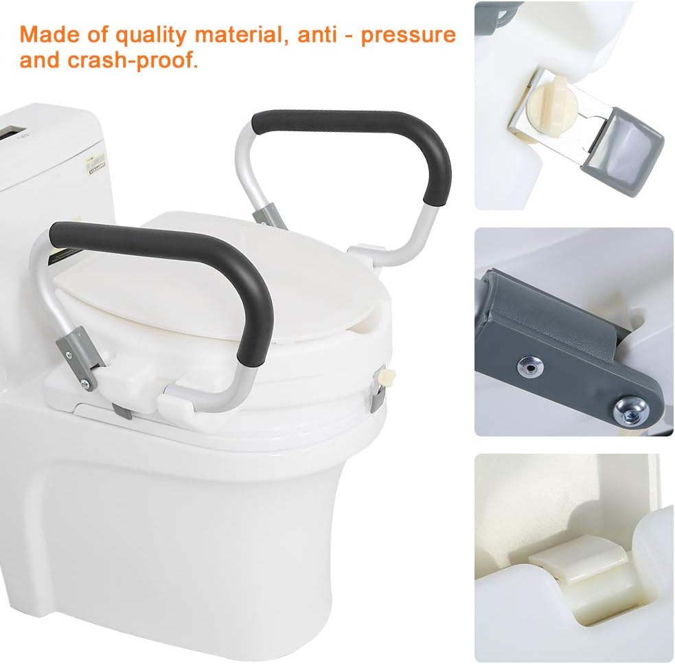 Elevated Raised Toilet Seat, Removable Padded Arms 10cm Height Adjustable Disability Aid, White Toilet Seat for Elderly & Pregnant Women, 40x43.5x10cm