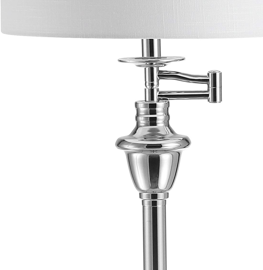 JONATHAN Y 60' Chrome Floor Lamp with Integrated Glass Side Table, Modern Swing Arm Standing Lamp for Living Room, White Linen Shade, LED Bulb Included (JYL3055B)