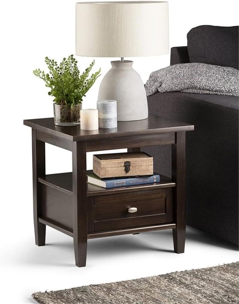 Small End Table for Living Room, Square Bed Side Table for Small Spaces, Narrow Nightstand with Storage Drawer and Shelf, Unique Rustic Telephone Table for Sofa Side, Dark Brown Corner Table