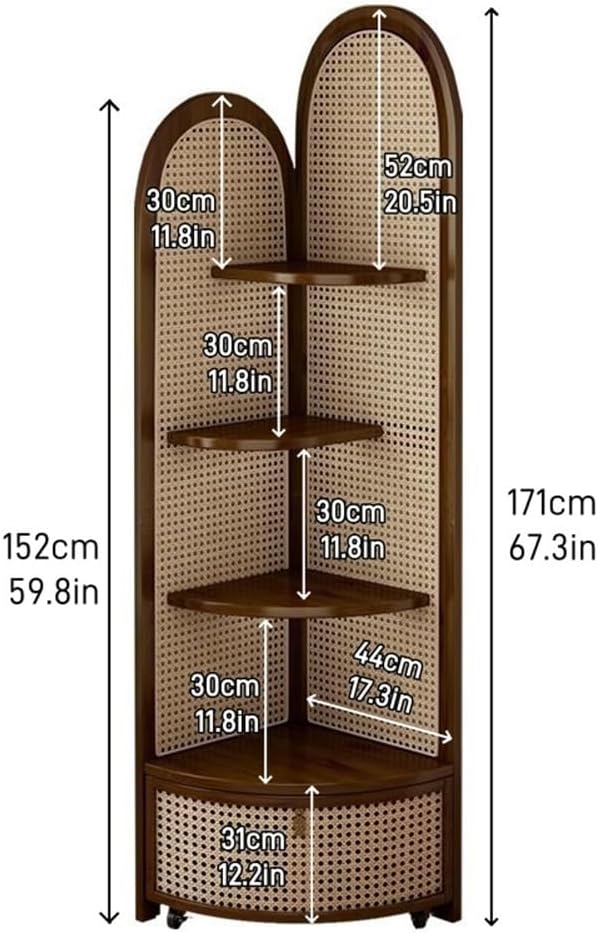 5 Tier Corner Shelf with Pulley, Rattan Bookshelf, Standing Shelf Organizer with Storage Basket, Minimalist Corner Display for Living Room, Bedroom, Office(Brown)