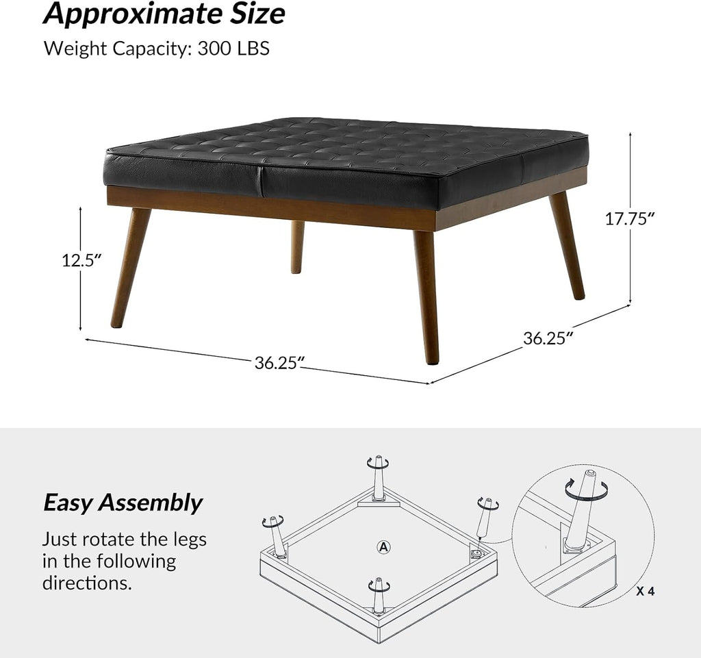HULALA HOME Genuine Leather Square Coffee Table, Button Tufted Upholstered Ottoman Coffee Table with Solid Wooden Flared Legs, Mid-Century Modern Extra Seating for Living Room, Black