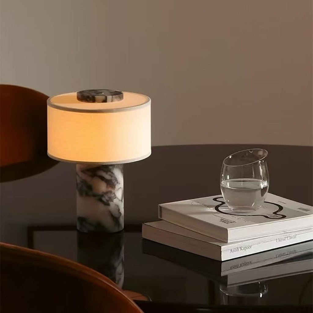 Marble Luxury Stone Rechargeable Touch Table Lamp, Cylindrical Shape, Linen Cloth Fiber Lampshade, High-End and Light Luxury, Bedroom Bedside Table Night Light, Black and White