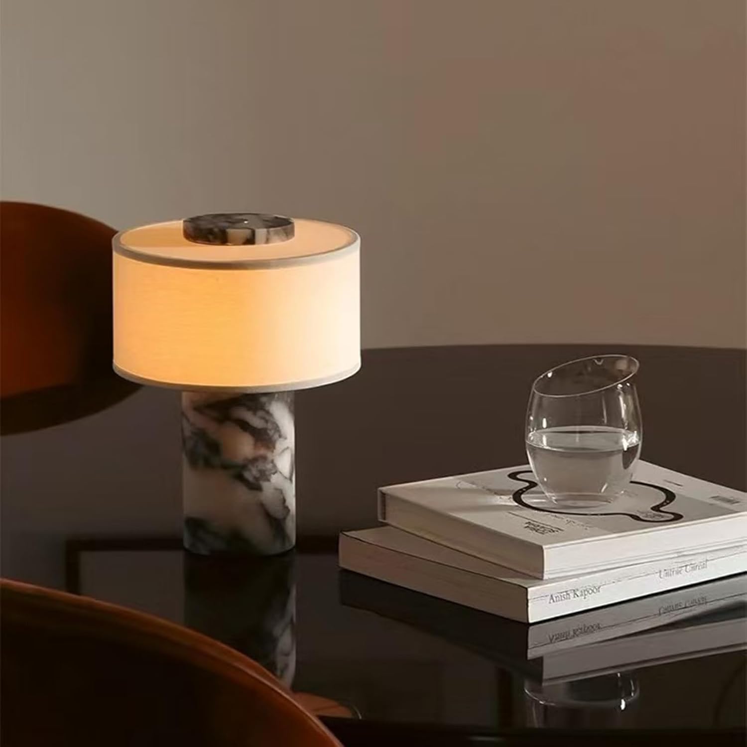 Marble Luxury Stone Rechargeable Touch Table Lamp, Cylindrical Shape, Linen Cloth Fiber Lampshade, High-End and Light Luxury, Bedroom Bedside Table Night Light, Black and White
