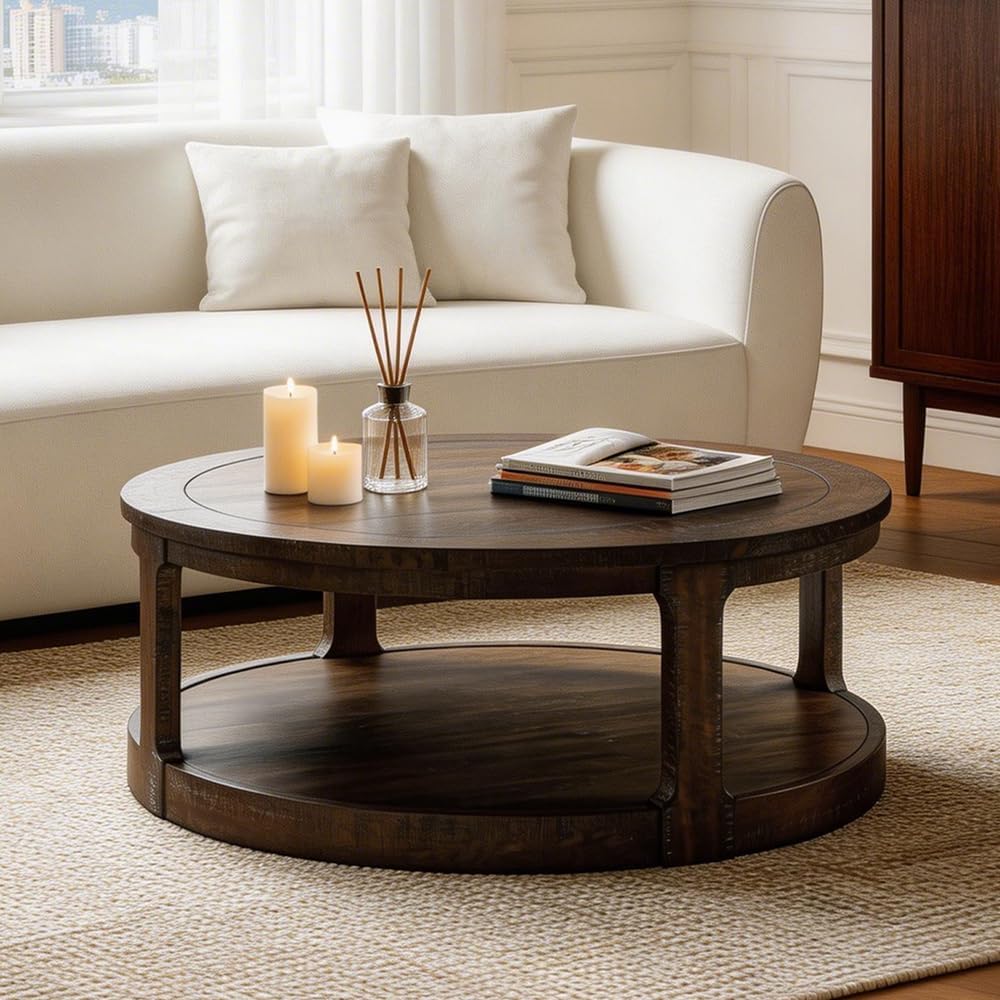WILLIAMSPACE 40' Round Coffee Table with Wheels, Circle 2 Tier Solid Wood Center Coffee Table, Mid Century Retro Farmhouse Rounded End Table for Living Room Apartment, ø40 x 17.52' H (Dark Brown)