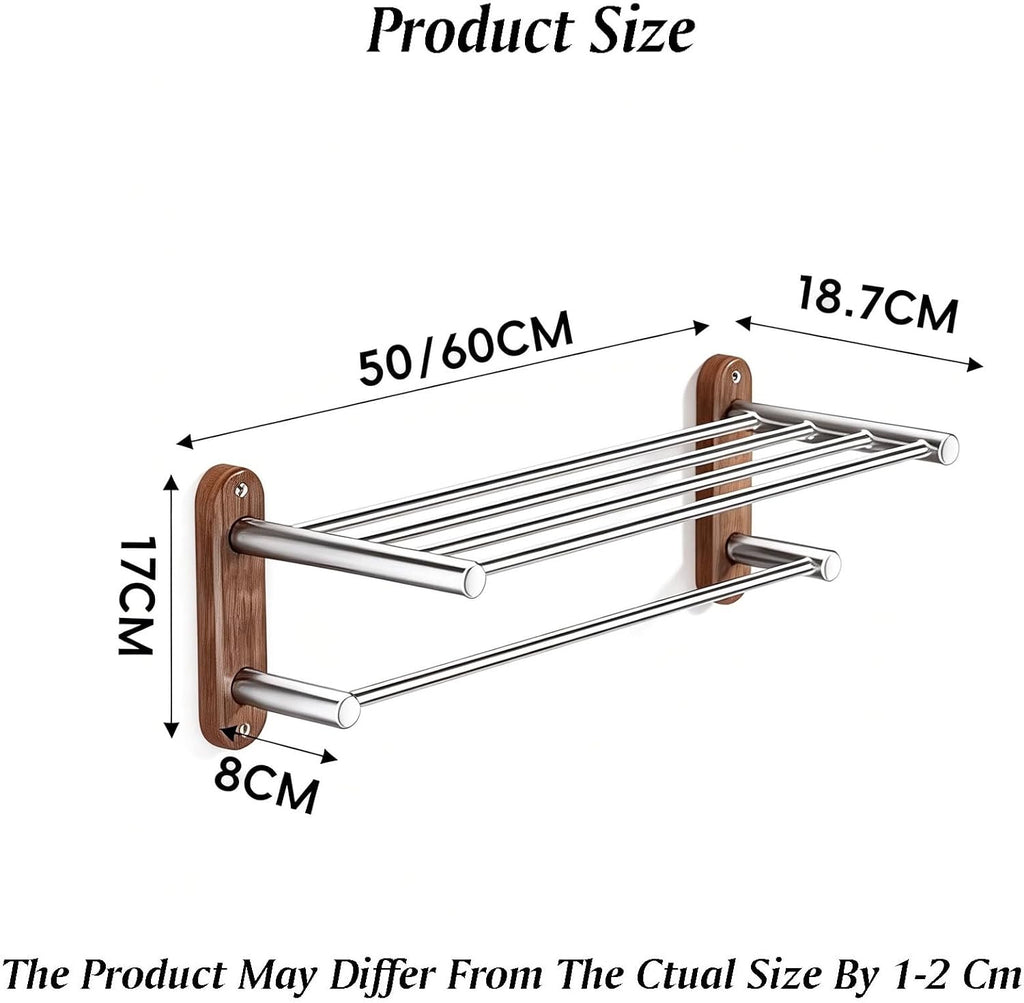 Stainless Steel+Solid Wood Towel Rack,Double Layer Bar Wall Mounted,Two Installation Methods,Bathroom Accessories,for Bedroom Bathroom Kitchen(17x18.7x50cm)