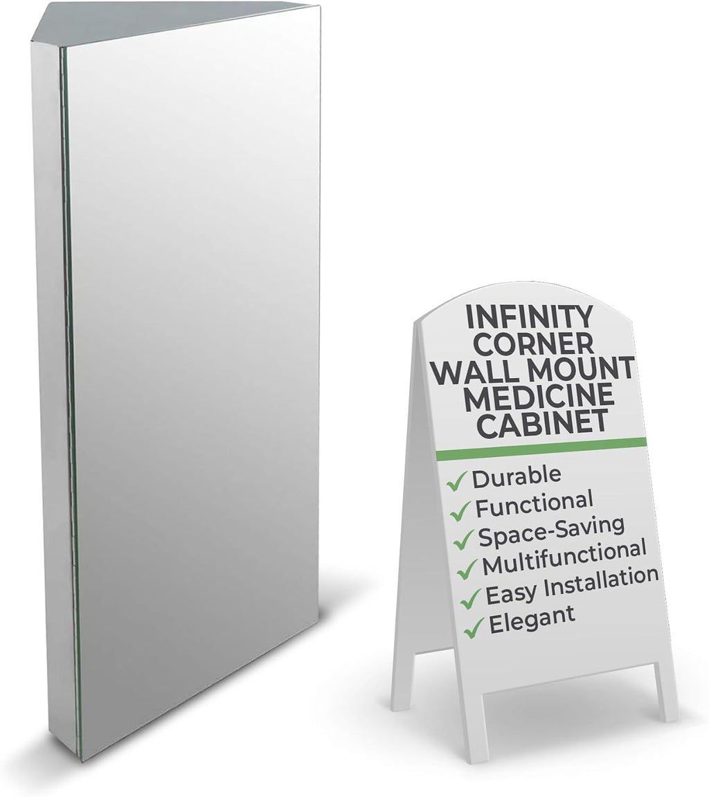 Renovators Supply Infinity Corner Wall Mount Medicine Cabinet with Mirror Polished Stainless Steel Bathroom Storage 23.6 x 11.8 Inches Hanging Triple Shelf Storage Cabinet Opens Right to Left
