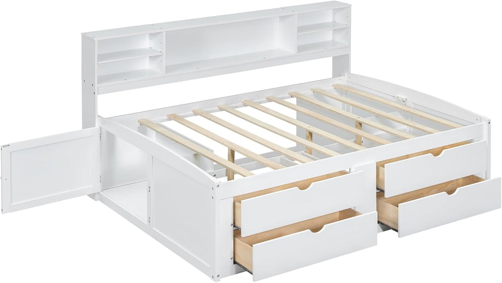 SOFTSEA Full Size Daybed with Storage Drawers, Wood Corner Bed Full with Bookcase Headboard, Wooden Captains Bed with Storage Cabinets for Kids Teens Adults, White