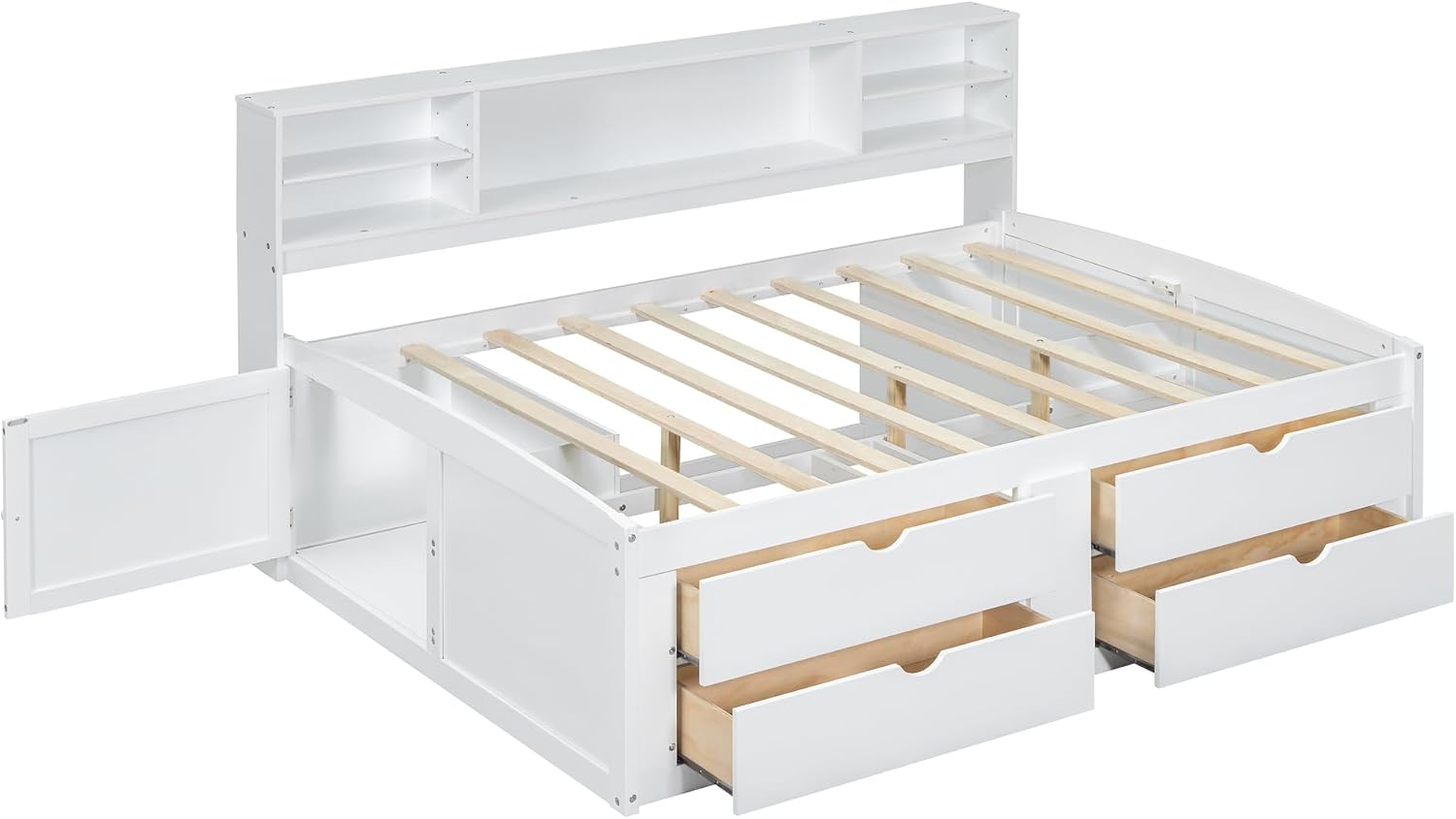 SOFTSEA Full Size Daybed with Storage Drawers, Wood Corner Bed Full with Bookcase Headboard, Wooden Captains Bed with Storage Cabinets for Kids Teens Adults, White