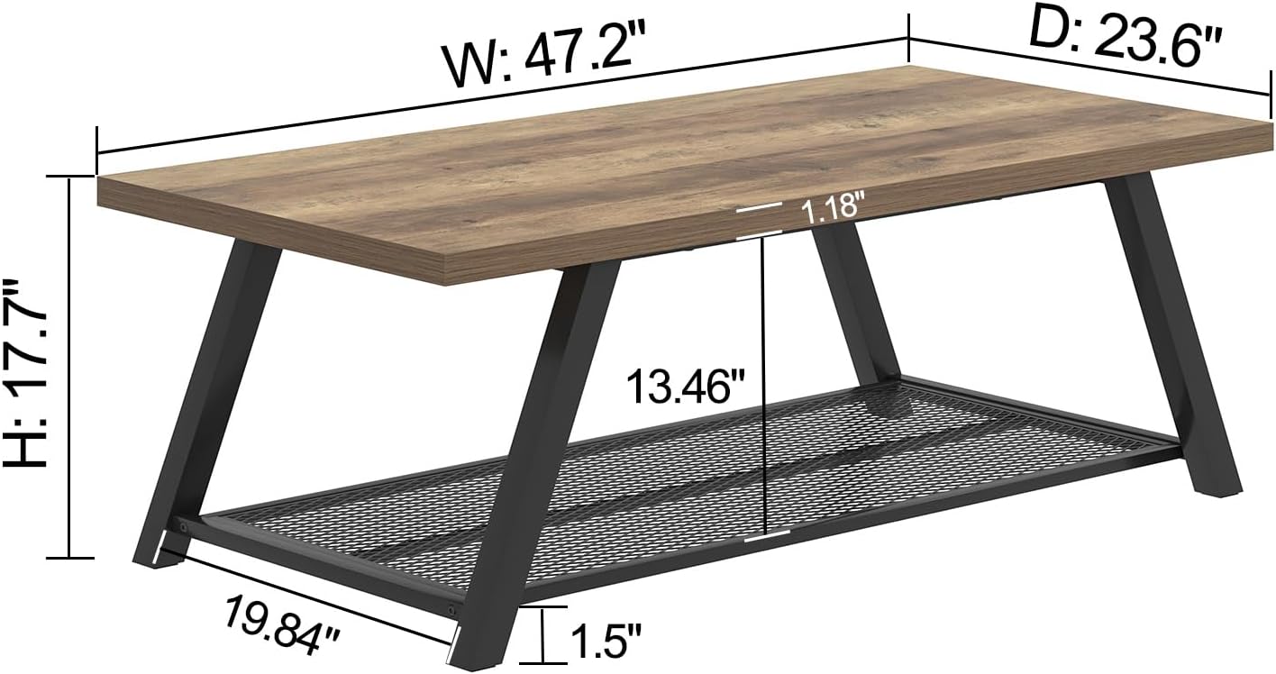 FOLUBAN Coffee Table with Storage, Modern Rustic Wood and Metal Coffee Tables for Living Room, Industrial 2-Tier Center Tea Cocktail Table, Oak, 47 Inch