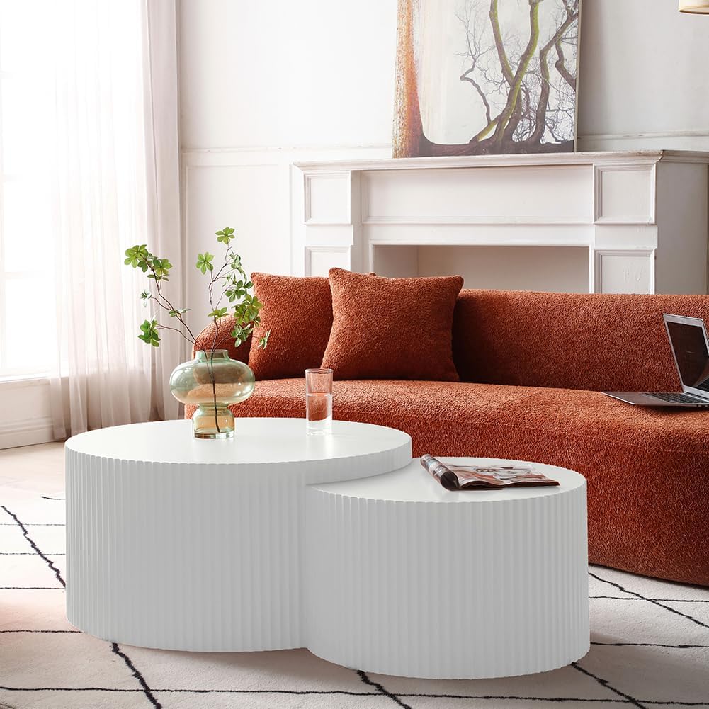 JUSTONE White Round Coffee Table Set of 2,Modern Luxury Nesting Coffee Table for Living Room,Wood Circle Drum Coffee Table for Small Spaces No Assembling (Matte White)