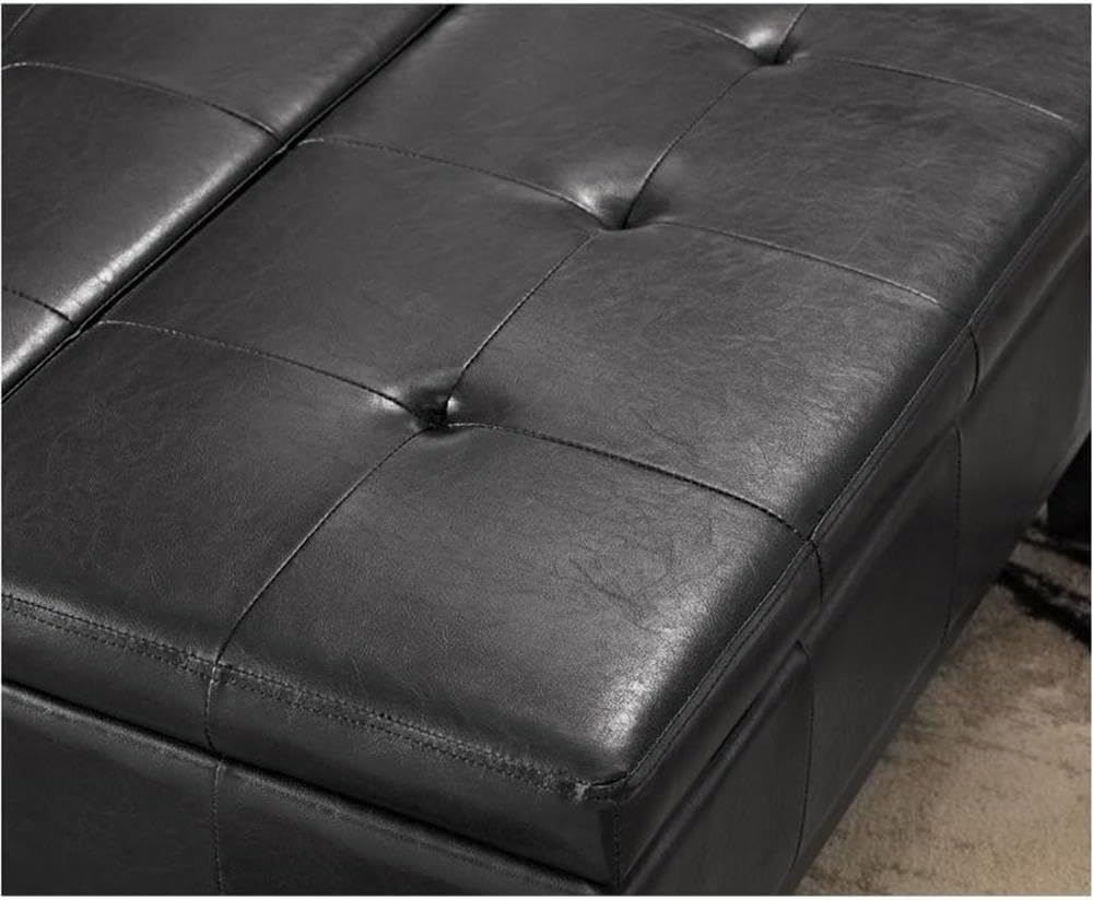 Pemberly Row Contemporary Faux Leather Storage Ottoman with Lift Top, Square Coffee Table for Living Room with Large Storage Space, Black Button Tufted Upholstered Footrest with Wood Legs