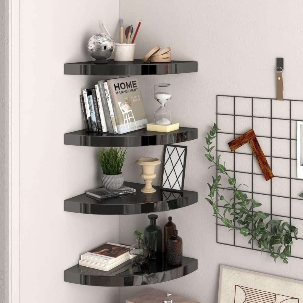 High Gloss Black Floating Corner Shelf Set 4 Pack Triangular Honeycomb MDF Wall Mount Shelves 13.8 x 13.8 x 1.5 Inches Holds 11 lbs for Living Room Bedroom Office