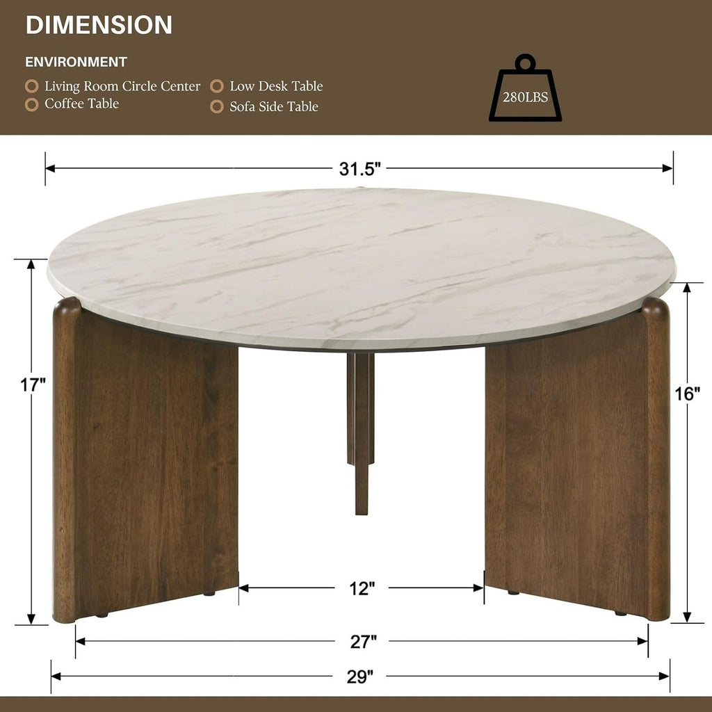 Travertine Texture Coffee Table 31.5 inch Modern Faux Marble Coffee Table Low Circle Center Table for Living Room Round Accent Table with Three-Legs for Apartment, White