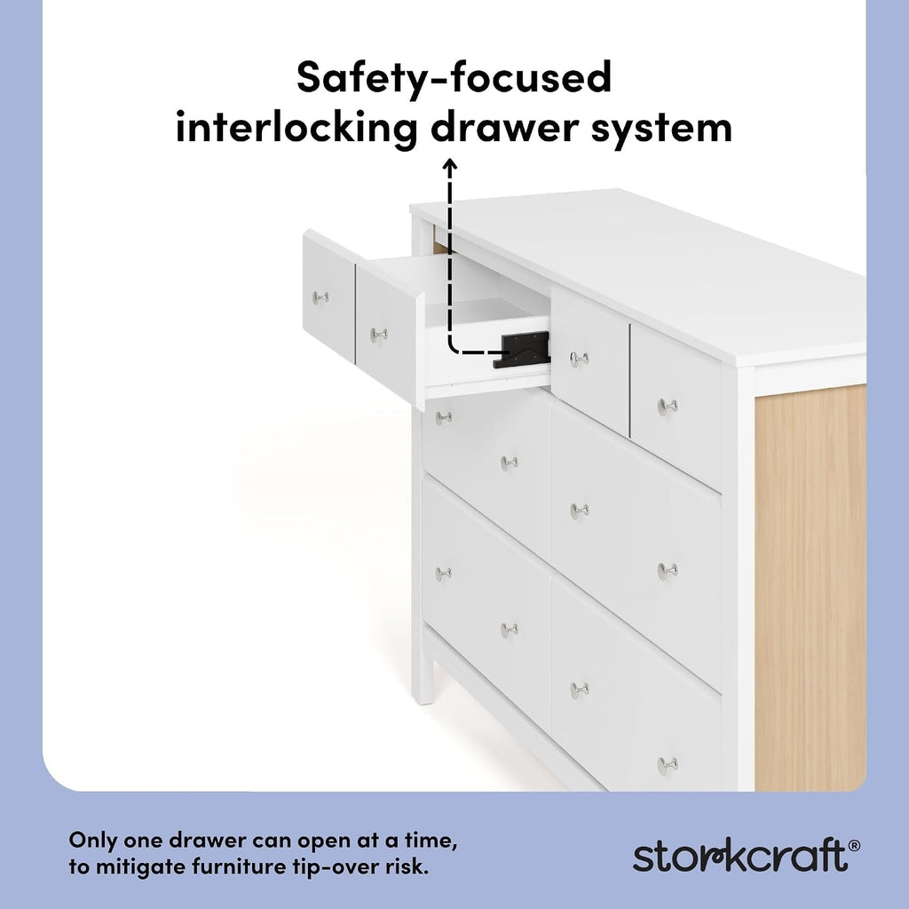 Storkcraft Horizon 6 Drawer Dresser (White with Driftwood) – GREENGUARD Gold Certified Dresser for Nursery & Kids' Room, Modern Storage with Interlocking Drawer System